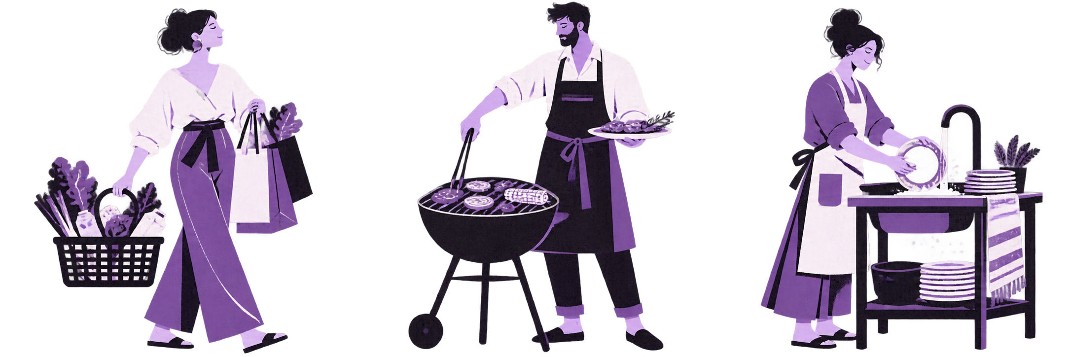 食材の入った買い物かごを運ぶ人のイラスト