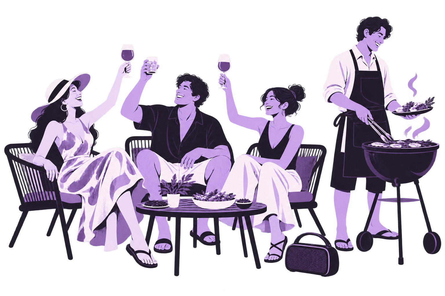 仲間とBBQを楽しむ人たちと、準備を支える人を描いた紫のイラスト